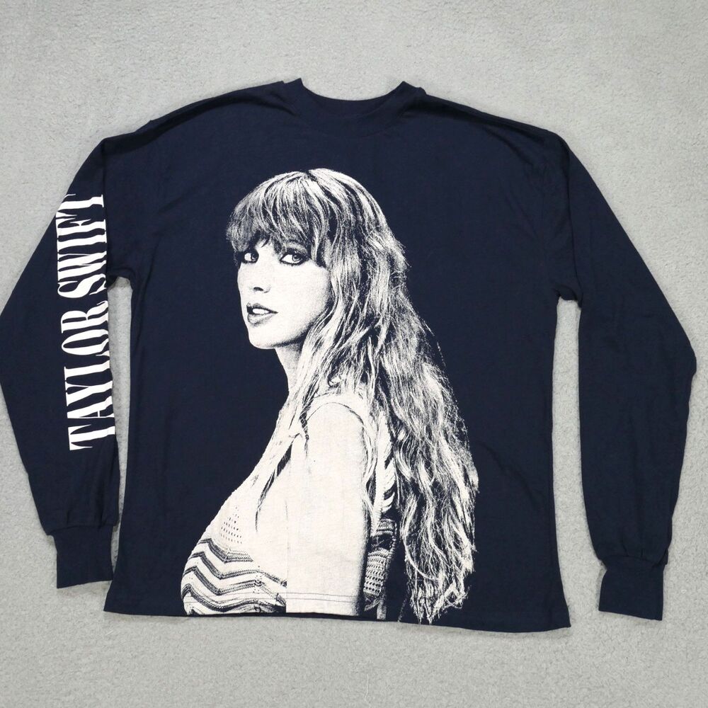 Taylor Swift The Eras Tour Long Sleeve Graphic Tee Shirt XS Navy Blue Spellout